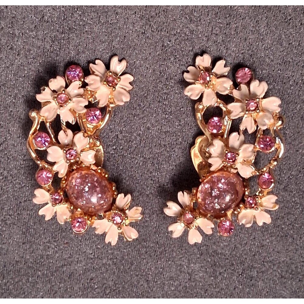 Pink Rhinestone Climber Earrings Confetti Stone Flowers